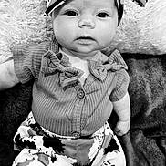 Maez is registered to the contest to win money with this photo: baby, child, infant, portrait, black_and_white, cow_print, bow, headband, outfit, clothing, sitting, blanket, fuzzy_blanket, indoors, close_up, wide_eyed, adorable, fashion, baby_fashion, photography
