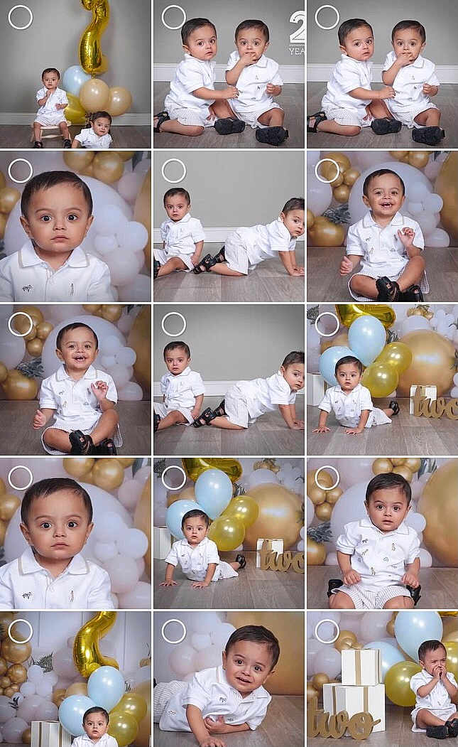 Joel-Jerimiah joined the competition — help win amazing prizes! child, toddler, birthday, balloons, celebration, white_clothing, gold_balloons, blue_balloons, floor, smiling, crawling, sitting, happy, cute, party, indoor, gift_boxes, decorations, portrait, photography