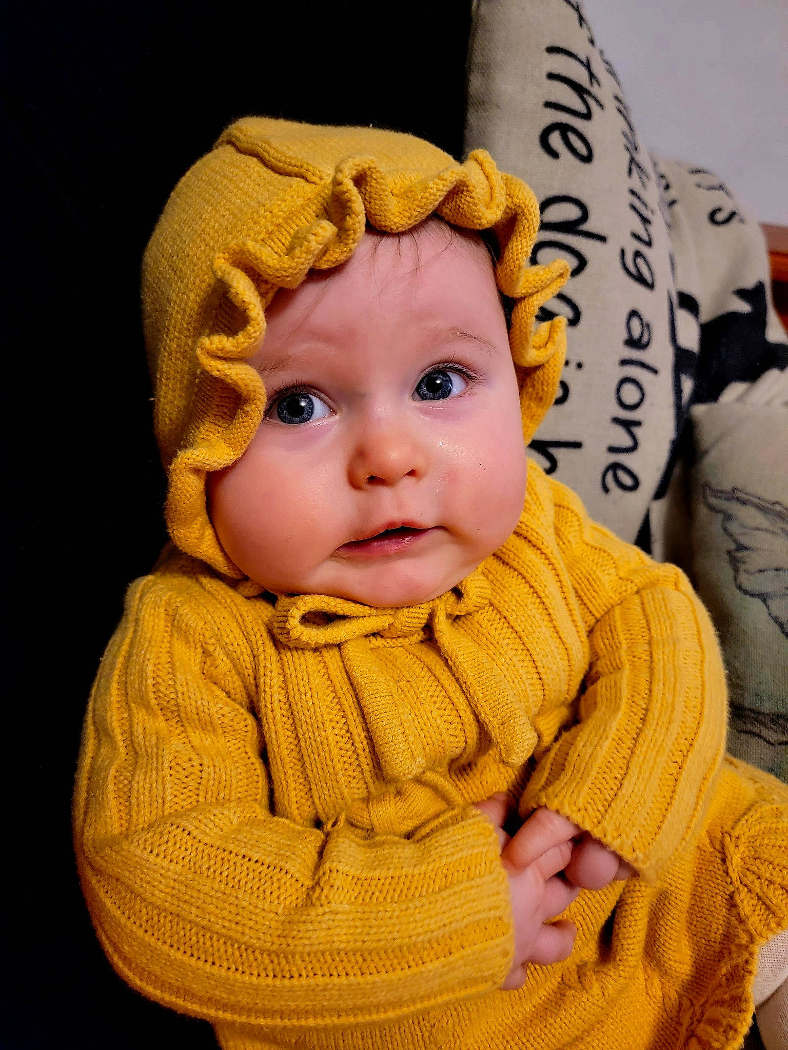 Rosabella is registered to the contest to win money with this photo: baby, baby_toddler_clothing, beanie, cap, cheek, child, comfort, costume_hat, fashion_accessory, fun, happy, hat, headwear, knit_cap, lip, nose, outerwear, person, skin, sleeve