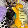 puppy, dog, plush_toy, bed, blanket, cushion, carpet, indoor, cozy, snuggling, cute, speckled_coat, soft, toy, looking_up, pet, animal, domestic, resting, comfortable