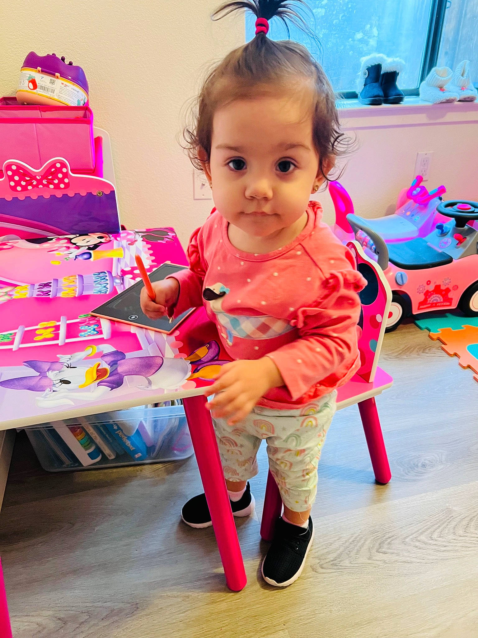 Valerie joined the competition — help win amazing prizes! baby_toddler_clothing, birthday_cake, cake_decorating_supply, child, dress, event, flooring, fun, happy, magenta, person, pink, play, product, room, sitting, sock, standing, sugar_cake, toddler