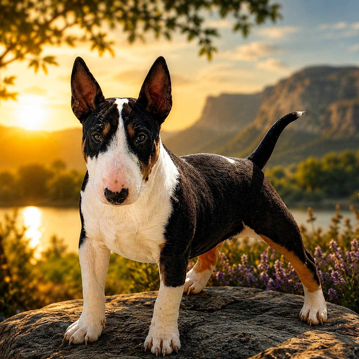 Balthazar participe au concours pour gagner de l'argent avec cette photo : bull_terrier, dog, sunset, rock, lake, mountains, trees, flowers, outdoor, nature, sunlight, pet, animal, landscape, grass, wildflowers, canine, portrait, standing, scenic