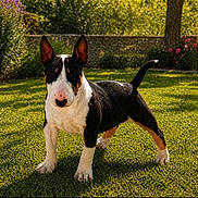Balthazar a rejoint le concours — aidez-le/la à gagner de superbes lots ! bull_terrier, puppy, dog, pet, animal, grass, garden, sunlight, outdoor, greenery, flower, stone_wall, tree, nature, canine, young_dog, ears, tail, fur, playful