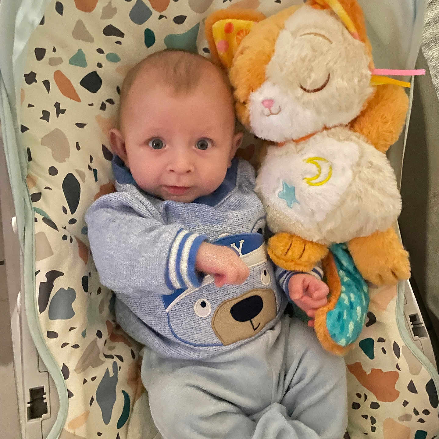 Tiago Mary participe au concours pour gagner de l'argent avec cette photo : baby, baby_seat, bear_design, blue_outfit, child, comfort, cozy, cute, expression, footwear, hand, indoor, infant, patterned_seat, plush_toy, sleepy_cat, soft_lighting, stuffed_animal, toy, wide_eyes