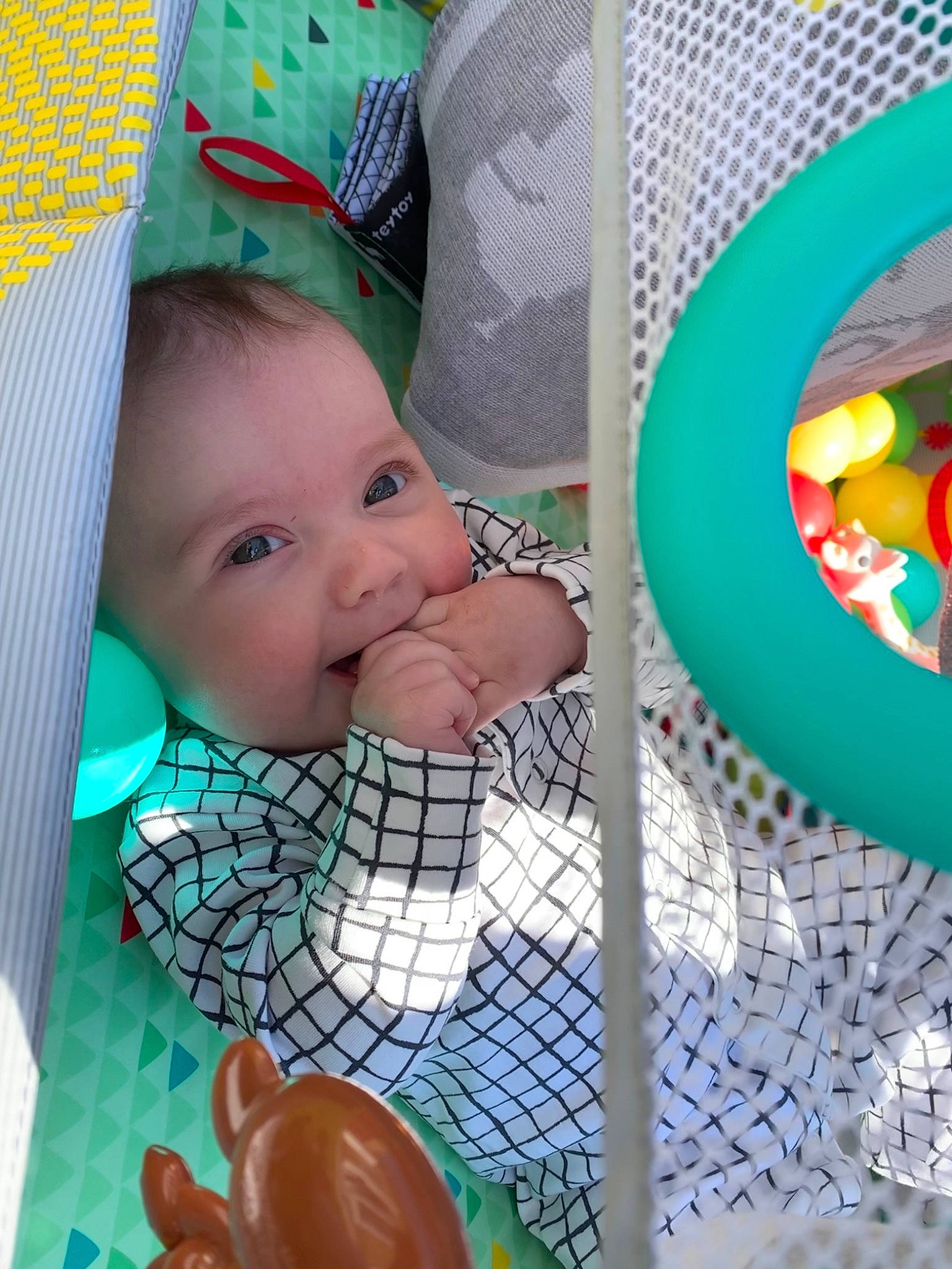 Harriet is registered to the contest to win money with this photo: baby, baby_products, baby_safety, baby_toddler_clothing, baby_toys, cheek, child, fun, green, infant_bed, leisure, linens, pattern, person, play, product, room, skin, smile, textile