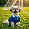 Vega participe au concours pour gagner de l'argent avec cette photo : animal, blue_jersey, collar, cute, dog, fur, goal_net, grass, greenery, happy, outdoor, pet, playing, portrait, small_dog, smiling, soccer_field, sports_jersey, summer, sunlight