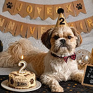 Vega participe au concours pour gagner de l'argent avec cette photo : anniversary, balloons, banner, birthday, bow_tie, cake, candle, celebration, cute, dog, festive, indoor, number_2, party_hat, paw_prints, pet, portrait, sign, small_dog, table