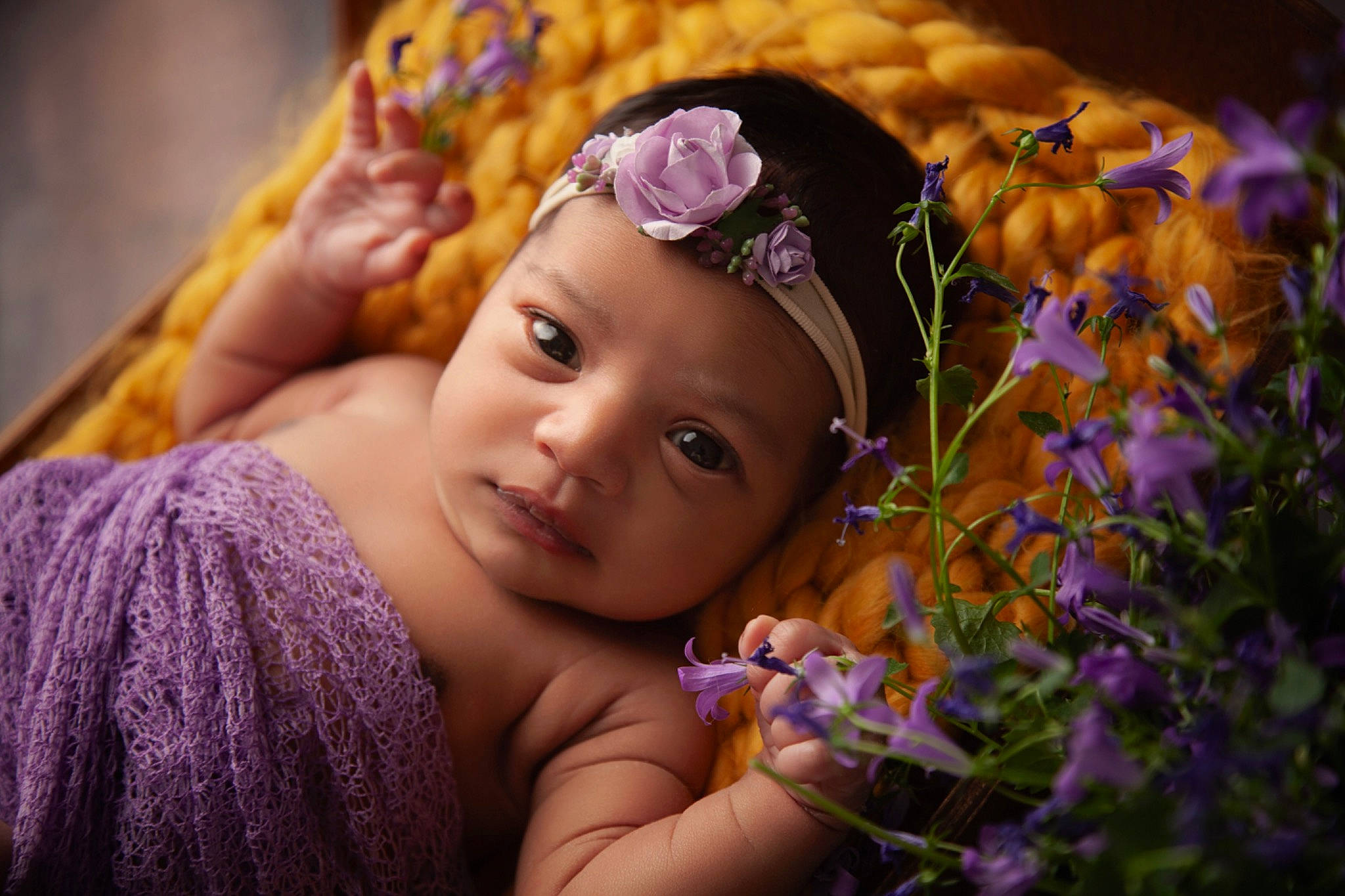 Nélia participe au concours pour gagner de l'argent avec cette photo : baby, beauty, eyelash, fawn, flash_photography, flower, grass, happy, headband, headpiece, headwear, iris, magenta, people_in_nature, person, petal, plant, purple, skin, toddler