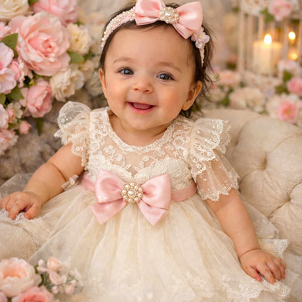 Jasmin participe au concours pour gagner de l'argent avec cette photo : baby, birdcage, bokeh, bow, candle, child, dress, eyes, flowers, hands, headband, infant, lace, pink, plush_chair, portrait, roses, smile, soft_lighting, tulle