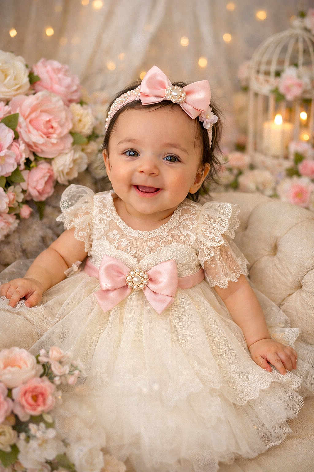 Jasmin participe au concours pour gagner de l'argent avec cette photo : baby, infant, child, smile, dress, lace, bow, headband, flowers, roses, pink, portrait, bokeh, soft_lighting, candle, birdcage, plush_chair, tulle, hands, eyes