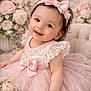 Jasmin participe au concours pour gagner de l'argent avec cette photo : baby, infant, child, pink_dress, bow, headband, lace, tutu, flowers, floral_background, smile, smiling, portrait, sitting, rosy_cheeks, cute, adorable, eyes, hand, soft_lighting