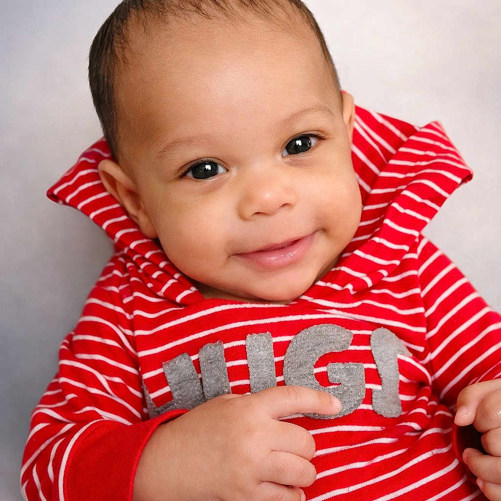 Z'Uriel is registered to the contest to win money with this photo: adorable, baby, cheeks, close_up, clothing, cute, eye_contact, face, hand, happy, head, infant, portrait, red_striped_shirt, skin, sleeve, smile, soft_background, studio_photo, young_child