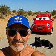Tom is registered to the contest to win money with this photo: man, shirtless, sunglasses, blue_cap, adidas, black_cat, cartoon_car, desert, road, sunny, outdoor, smile, animal, vehicle, selfie, nature, sand, bushes, shadow, daytime