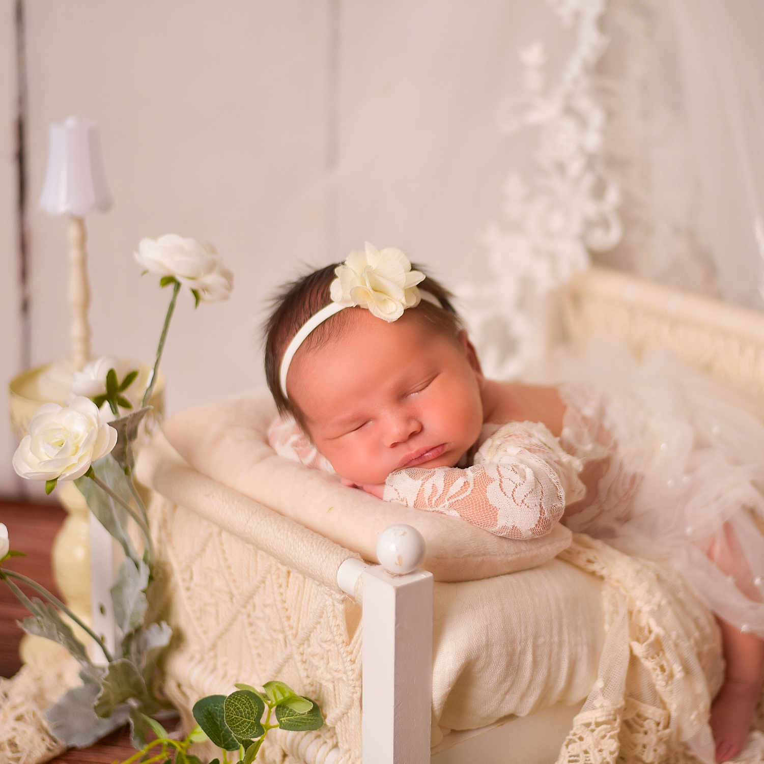 Lia Marie joined the competition — help win amazing prizes! baby, bed, blanket, cream, cute, decor, flower, headband, indoors, infant, lace, newborn, peaceful, portrait, resting, sleeping, soft, tulle, white, wooden_floor