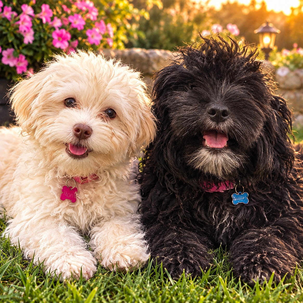 Fiona And Mia joined the competition — help win amazing prizes! dogs, puppies, fluffy, curly_fur, black_dog, white_dog, outdoor, garden, flowers, grass, sunlight, portrait, pet, collars, name_tags, sitting, smiling, open_mouth, lantern, nature