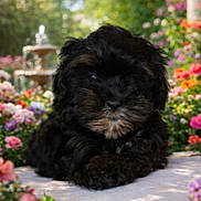 Mia is registered to the contest to win money with this photo: puppy, dog, black_fur, fluffy, outdoor, garden, flowers, colorful, nature, cute, pet, animal, fountain, sunlight, greenery, relaxing, portrait, young_dog, closeup, adorable
