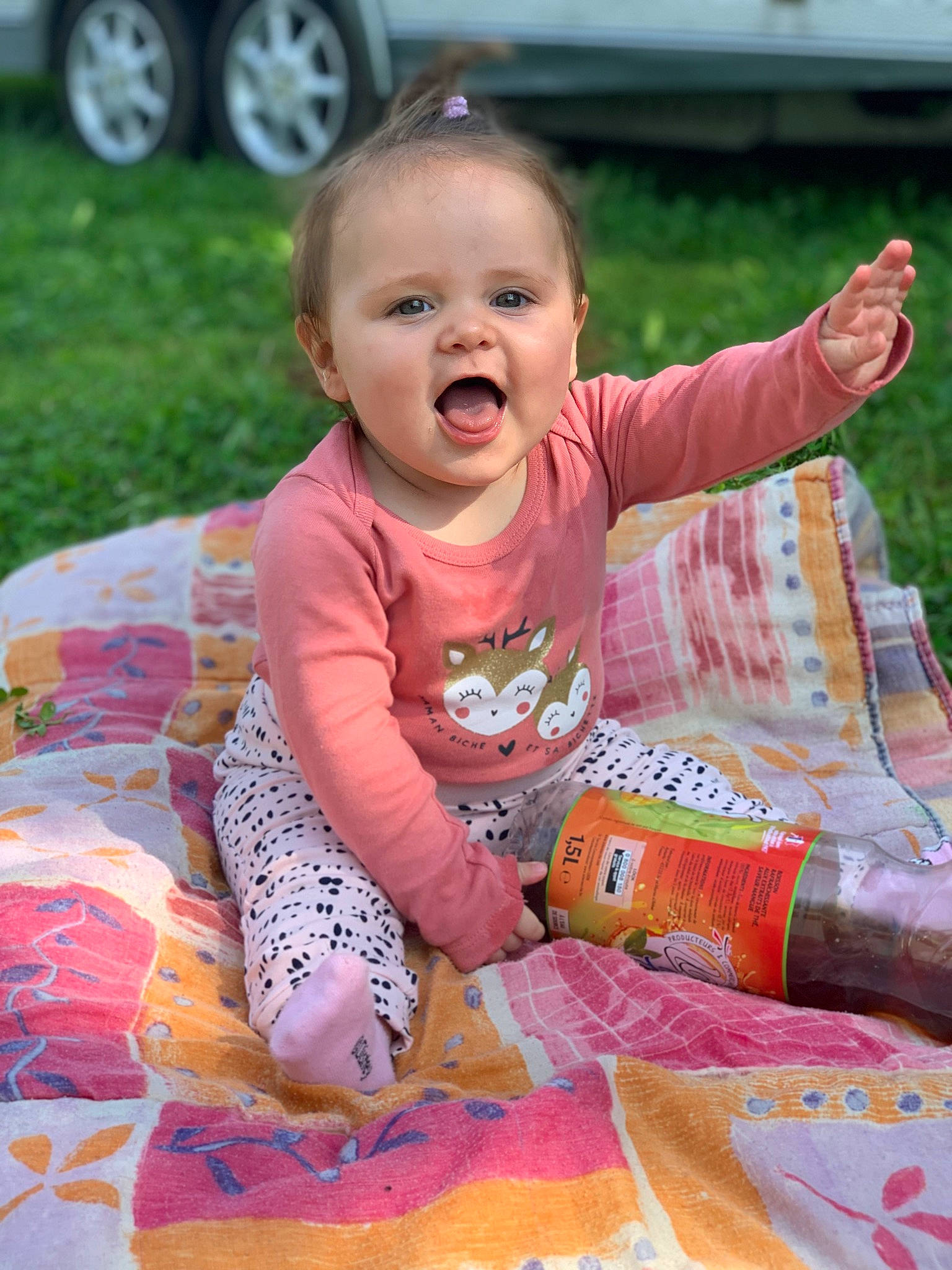 Kïnaya participe au concours pour gagner de l'argent avec cette photo : automotive_tire, baby, baby_toddler_clothing, child, facial_expression, fun, grass, happy, leisure, magenta, pattern, person, pink, product, recreation, sitting, skin, smile, tire, toddler