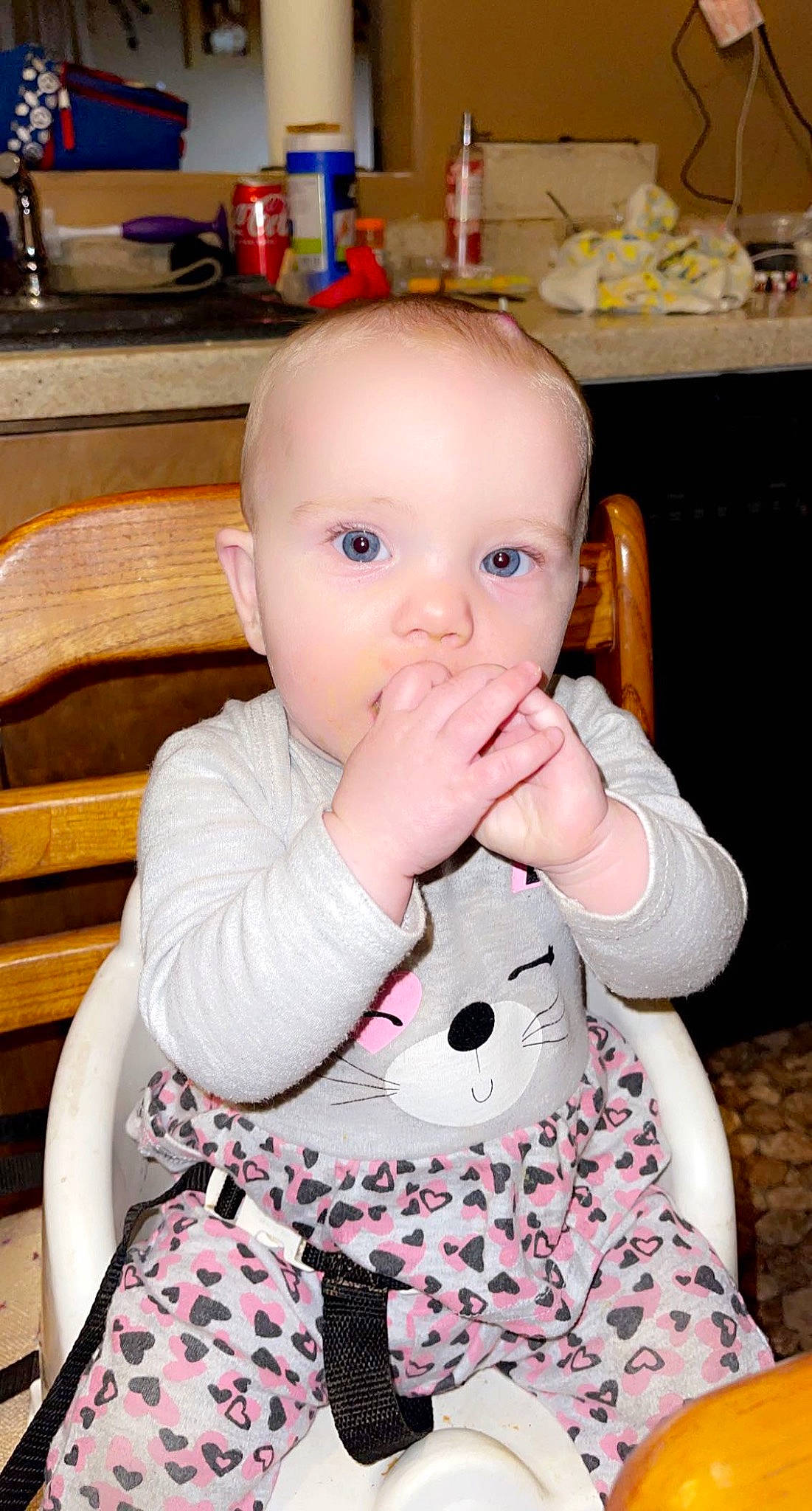 Ellie joined the competition — help win amazing prizes! baby, baby_toddler_clothing, cheek, child, ear, eyelash, finger, fun, happy, kitchen_appliance, lip, nail, nose, pattern, person, pink, sitting, skin, sleeve, thumb