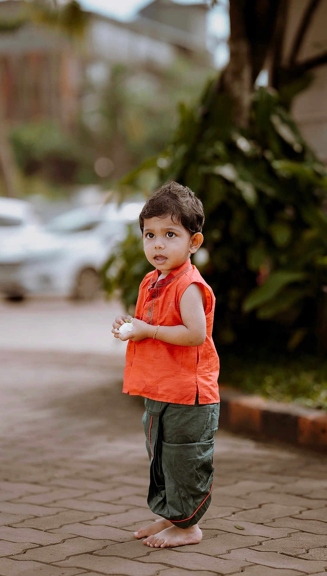 Kiaan S Pavizham is registered to the contest to win money with this photo: barefoot, casual_clothing, child, curious, cute, daylight, explorer, flower, green_pants, nature, orange_top, outdoor, pavement, plants, portrait, small_person, standing, toddler, urban, young_child