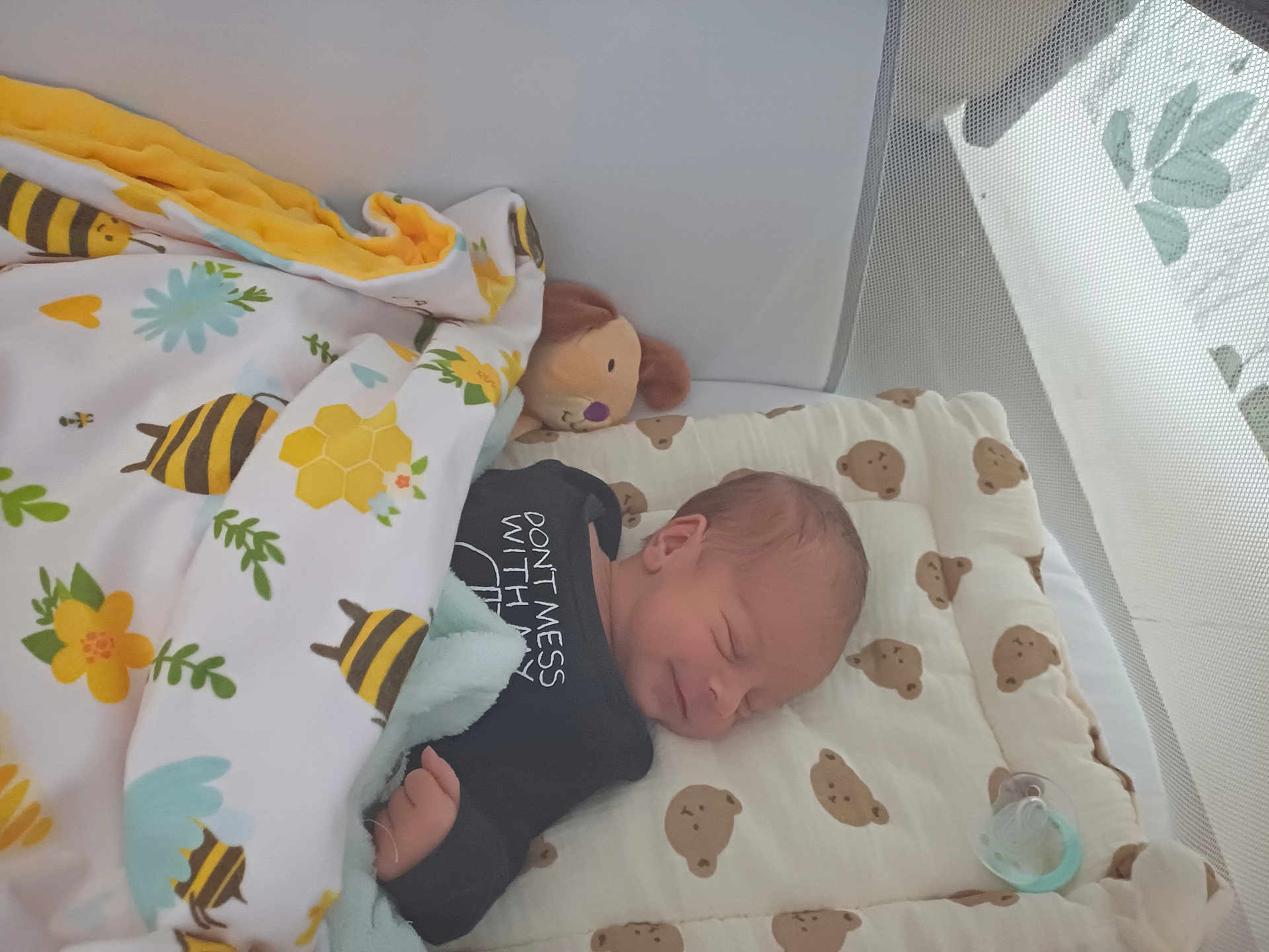 Milo a rejoint le concours — aidez-le/la à gagner de superbes lots ! baby, newborn, sleeping, crib, blanket, teddy_bear, plush_toy, pacifier, bedroom, infant, cute, cozy, child, soft, pattern, fabric, resting, peaceful, indoors, clothing