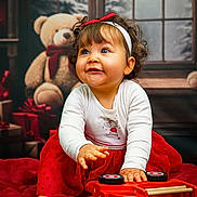 Mya participe au concours pour gagner de l'argent avec cette photo : toddler, child, curly_hair, red_bow, white_shirt, red_skirt, toy, wooden_toy, teddy_bear, gift_boxes, blanket, indoor, window, floor, happy, smiling, playful, holiday, festive, portrait