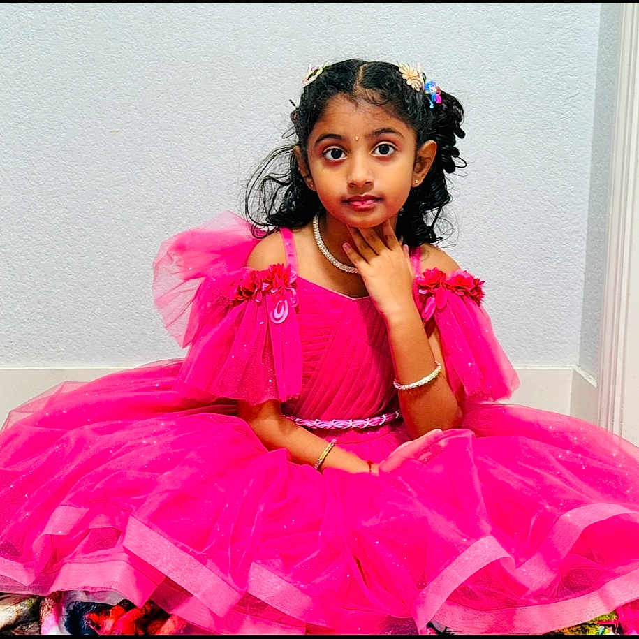 Dhruvishaa Reddy is registered to the contest to win money with this photo: accessories, blackhair, child, clothing, costume, dress, eveningdress, face, fashion, female, formalwear, girl, gown, hair, head, jewelry, person, photography, portrait, purple
