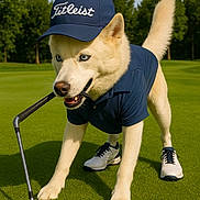 Hanzel joined the competition — help win amazing prizes! animal, blue_eyes, canine, clothing, dog, funny, golf_ball, golf_club, golf_course, grass, hat, outdoor, pet, playful, posing, recreation, shoes, sport, summer, white_fur