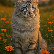 Rumple a rejoint le concours — aidez-le/la à gagner de superbes lots ! cat, fluffy, sitting, flowers, orange_flowers, sunset, nature, outdoor, animal, pet, fur, whiskers, greenery, field, serene, curious, closeup, portrait, soft_light, peaceful