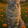 cat, fluffy, sitting, flowers, orange_flowers, sunset, nature, outdoor, animal, pet, fur, whiskers, greenery, field, serene, curious, closeup, portrait, soft_light, peaceful