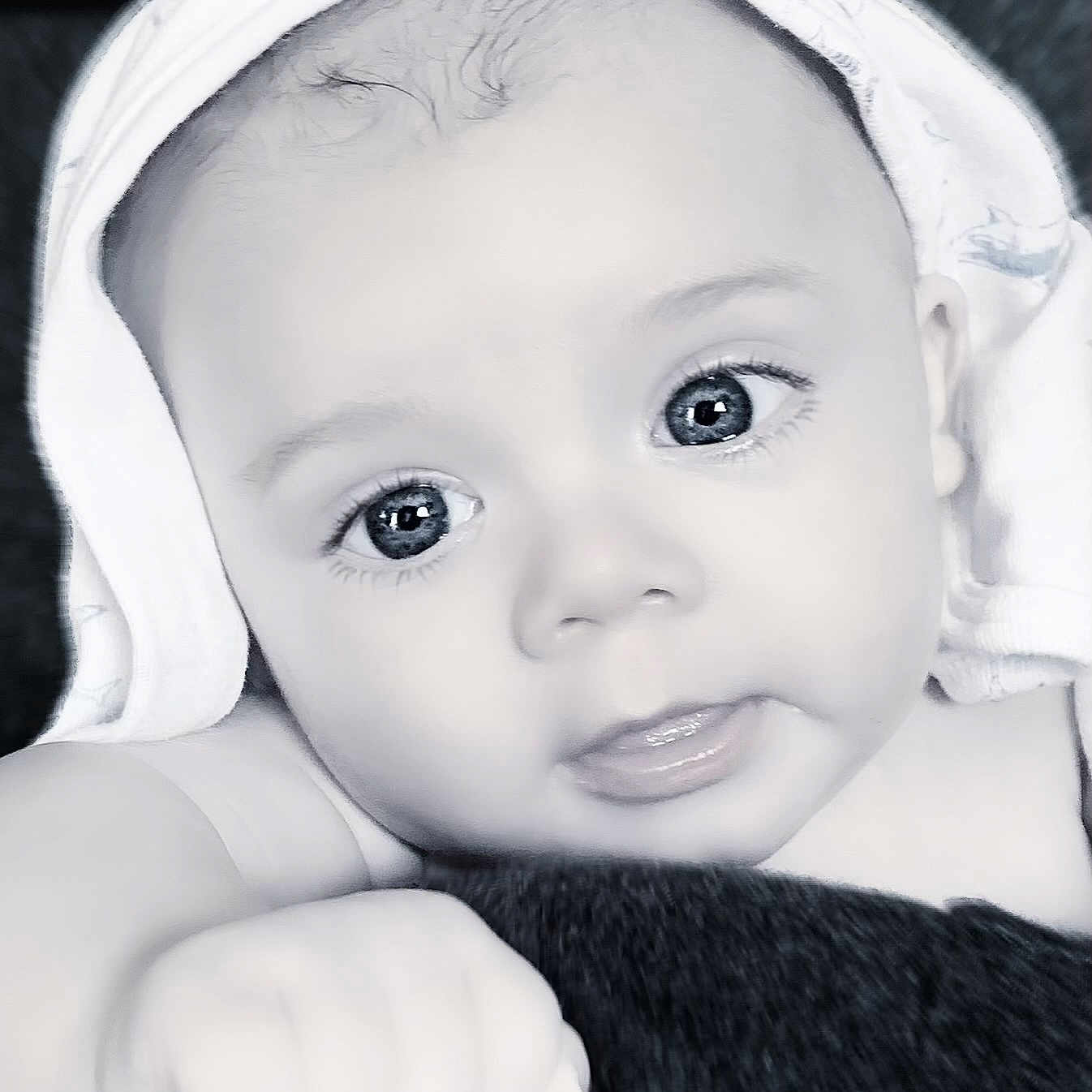 Asher joined the competition — help win amazing prizes! baby, bodypart, bonnet, cap, clothing, face, finger, hand, happy, hat, head, hood, hoodie, knitwear, newborn, person, photography, portrait, smile, sweater