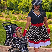 Nyla joined the competition — help win amazing prizes! accessories, canine, dog, dress, fashion, gloves, greenery, happy, hat, leisure, matching_outfits, outdoor, park, pet, polka_dot, sidewalk, smile, stroller, summer, woman