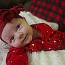 Rosalie joined the competition — help win amazing prizes! baby, red_bow, headband, red_clothing, heart_pattern, blanket, plaid_background, face, portrait, infant, cute, smiling, cozy, soft_texture, indoors, child, closeup, happy, resting, adorable