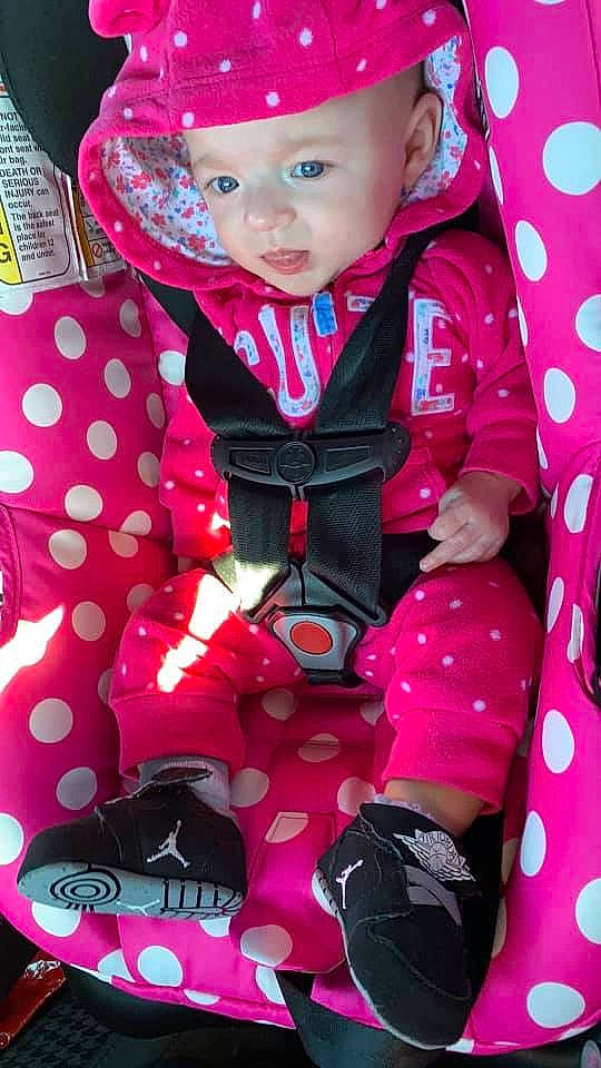 Elsa joined the competition — help win amazing prizes! car_seat, cheek, child, design, doll, magenta, pattern, person, pink, play, polka_dot, toddler, toy
