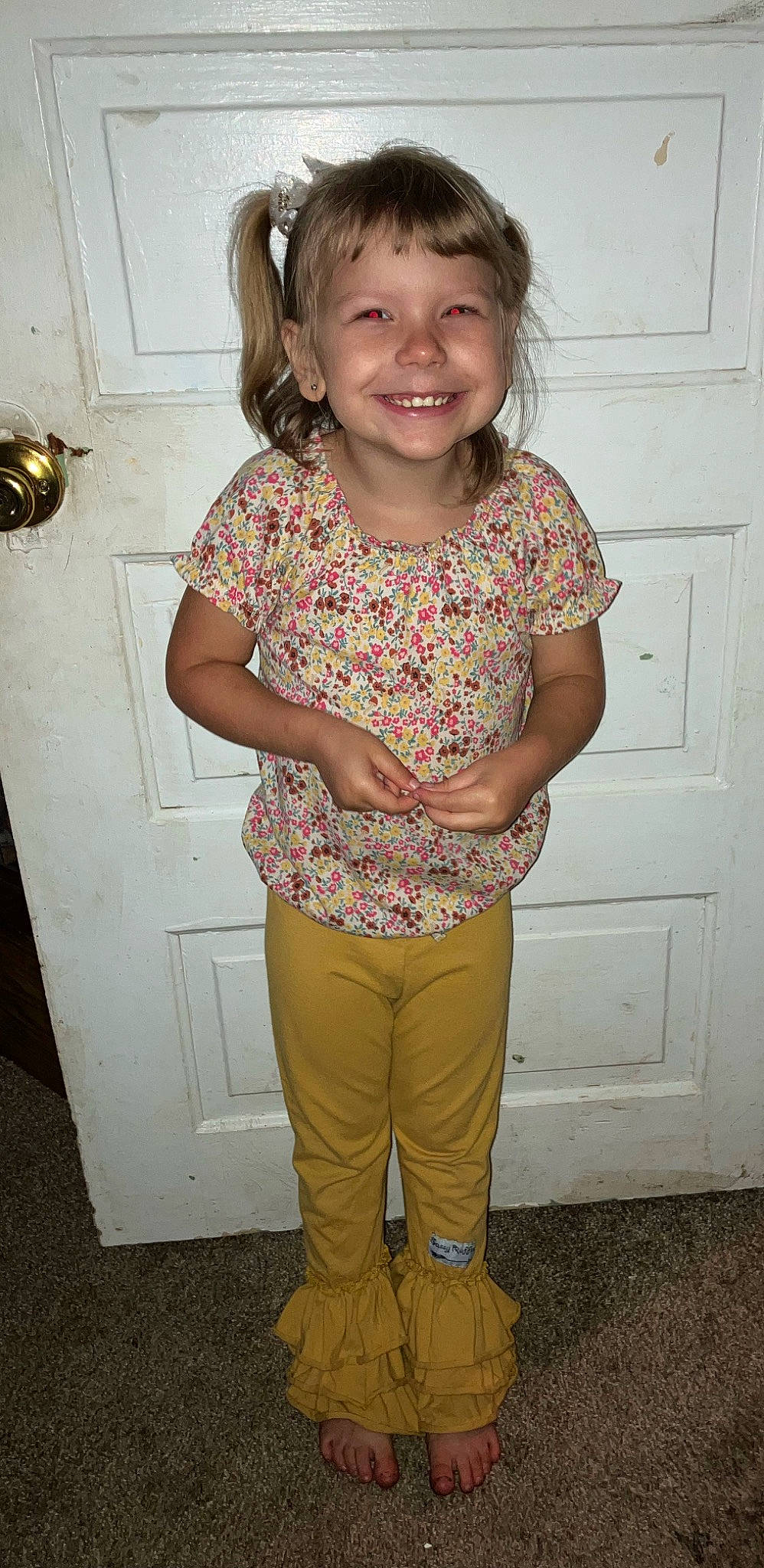 Rosemarie joined the competition — help win amazing prizes! active_pants, child, door, elbow, gesture, hairstyle, happy, joy, khaki_pants, magenta, neck, pattern, peach, person, sleeve, smile, sweatpant, toddler, trunk, waist