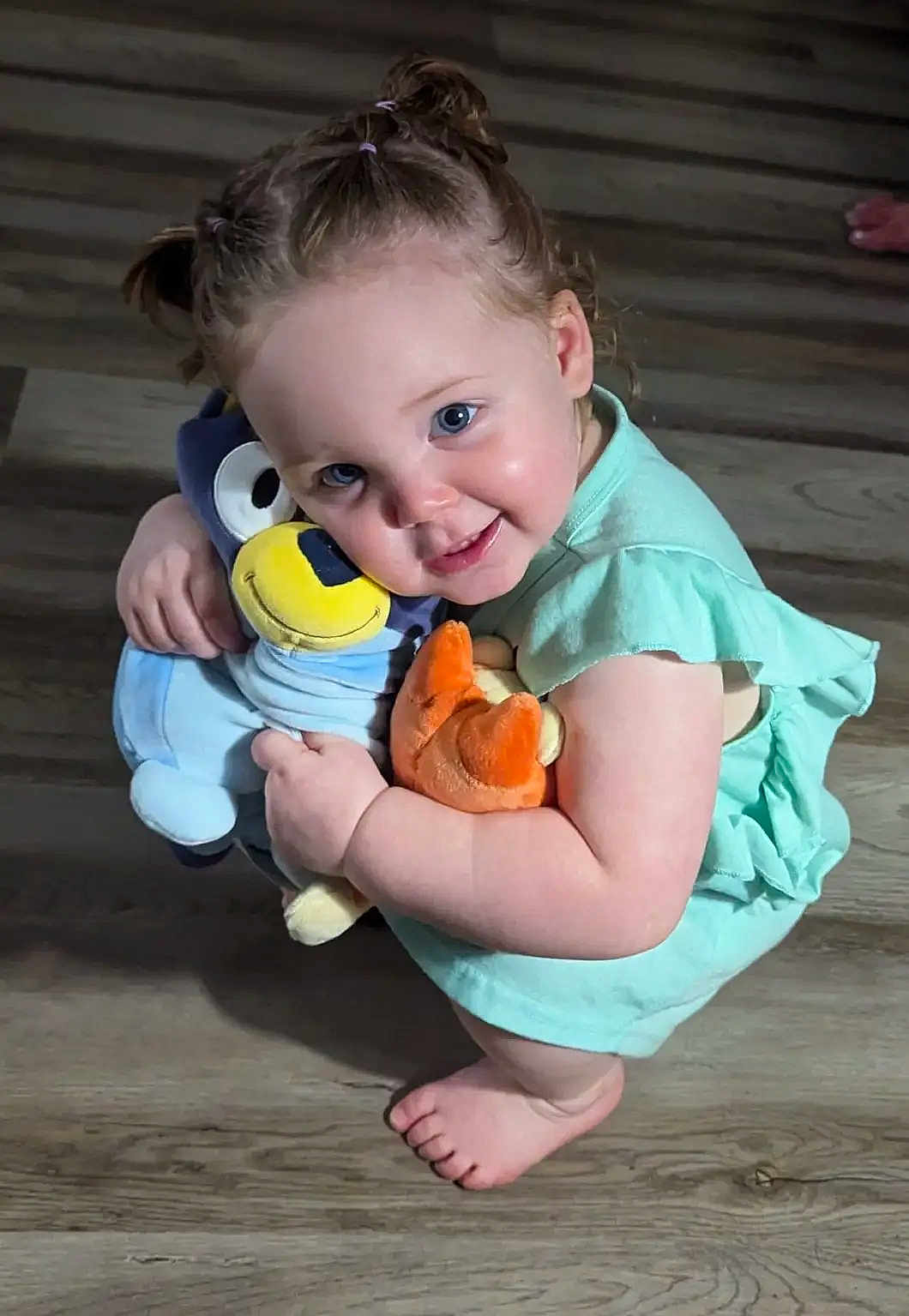 Ava is registered to the contest to win money with this photo: toddler, child, smiling, cute, pigtails, stuffed_animals, plush_toys, floor, barefoot, green_dress, indoor, happy, playful, cuddling, person, baby, blue_eyes, skin, young_child, squatting