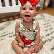 Wrenlee is registered to the contest to win money with this photo: accessories, baby, bodypart, clothing, couch, crib, dress, face, finger, furniture, hand, hardwood, head, indoors, infantbed, person, photography, portrait, sitting, wood