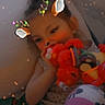Brooklyn is registered to the contest to win money with this photo: baby, infant, child, sleeping, lying_down, pacifier, toy, stuffed_animal, bed, blanket, portrait, face, digital_filter, antlers, animal_ears, sparkles, indoor, cozy, colorful, playful