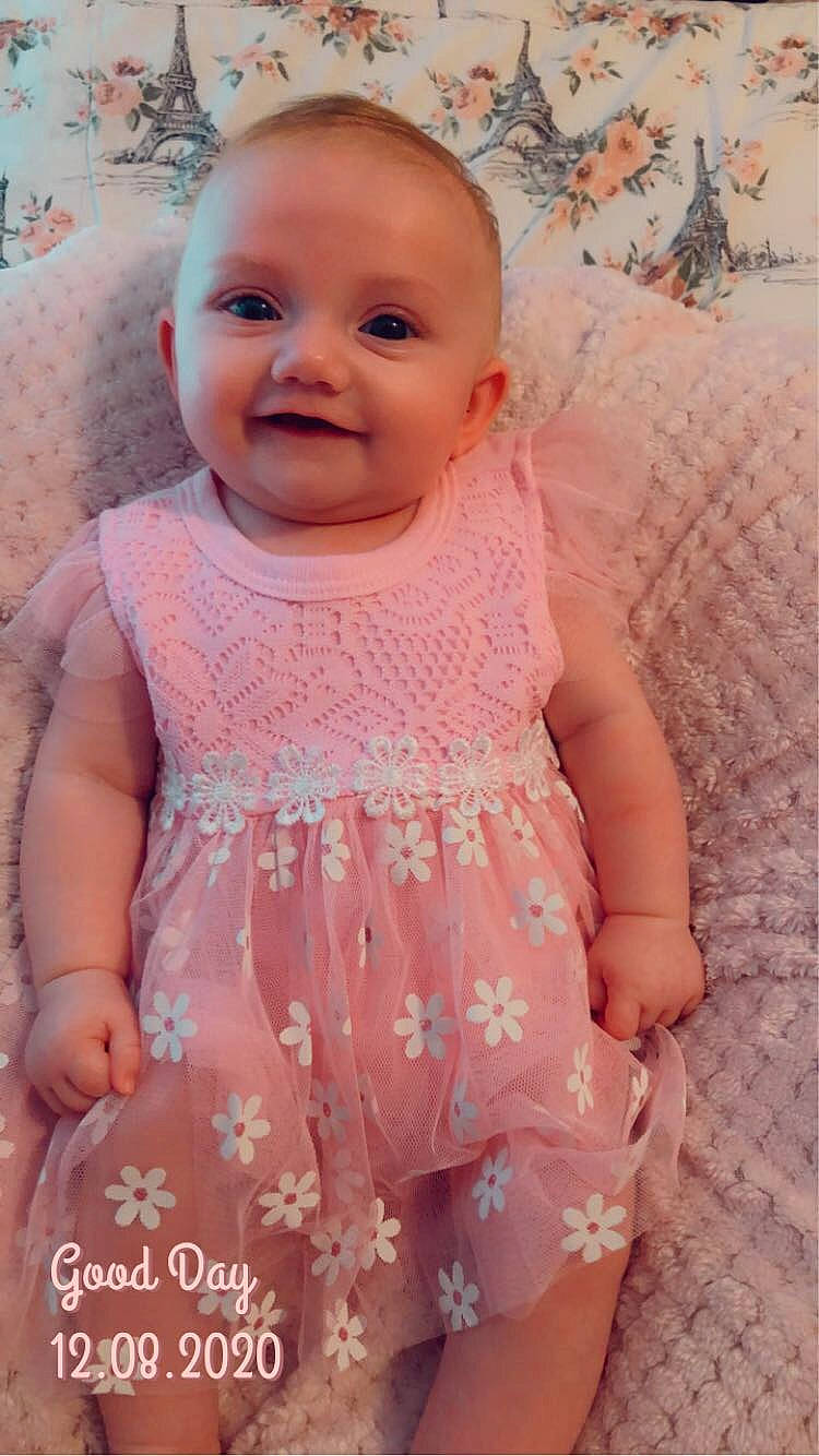 Lillyana is registered to the contest to win money with this photo: baby, baby_toddler_clothing, cheek, child, design, dress, face, head, joy, knitting, lip, pattern, peach, person, pink, skin, smile, toddler
