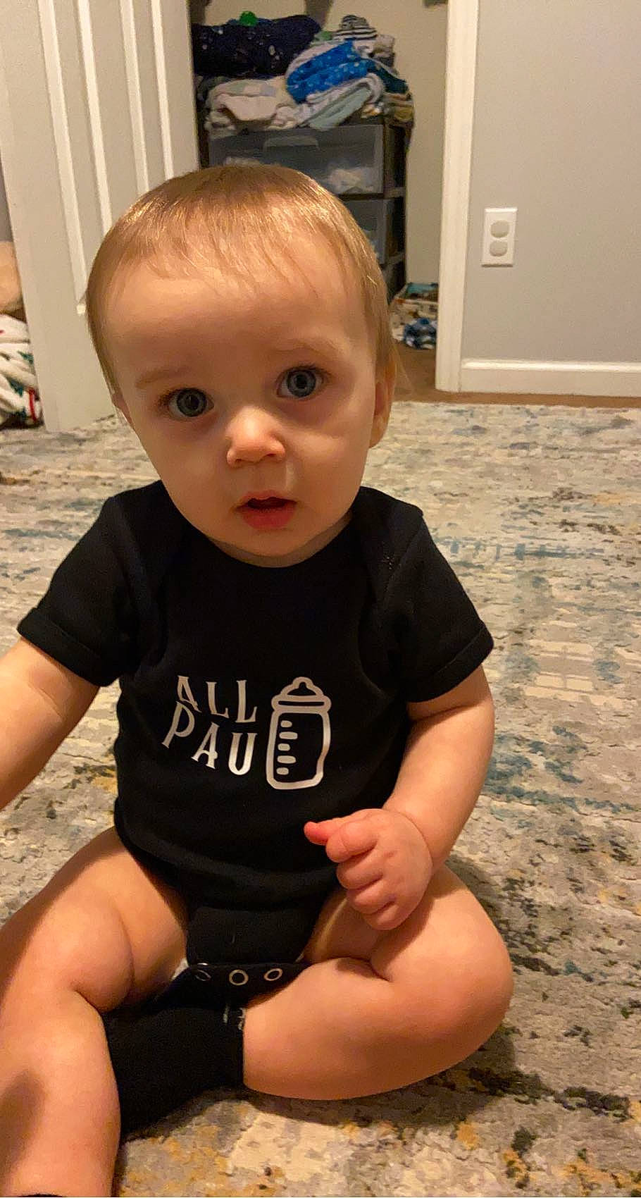 Atlas joined the competition — help win amazing prizes! baby, baby_toddler_clothing, cheek, child, chin, elbow, eye, face, flooring, head, human_leg, iris, knee, leg, neck, person, skin, sleeve, surprise, t_shirt