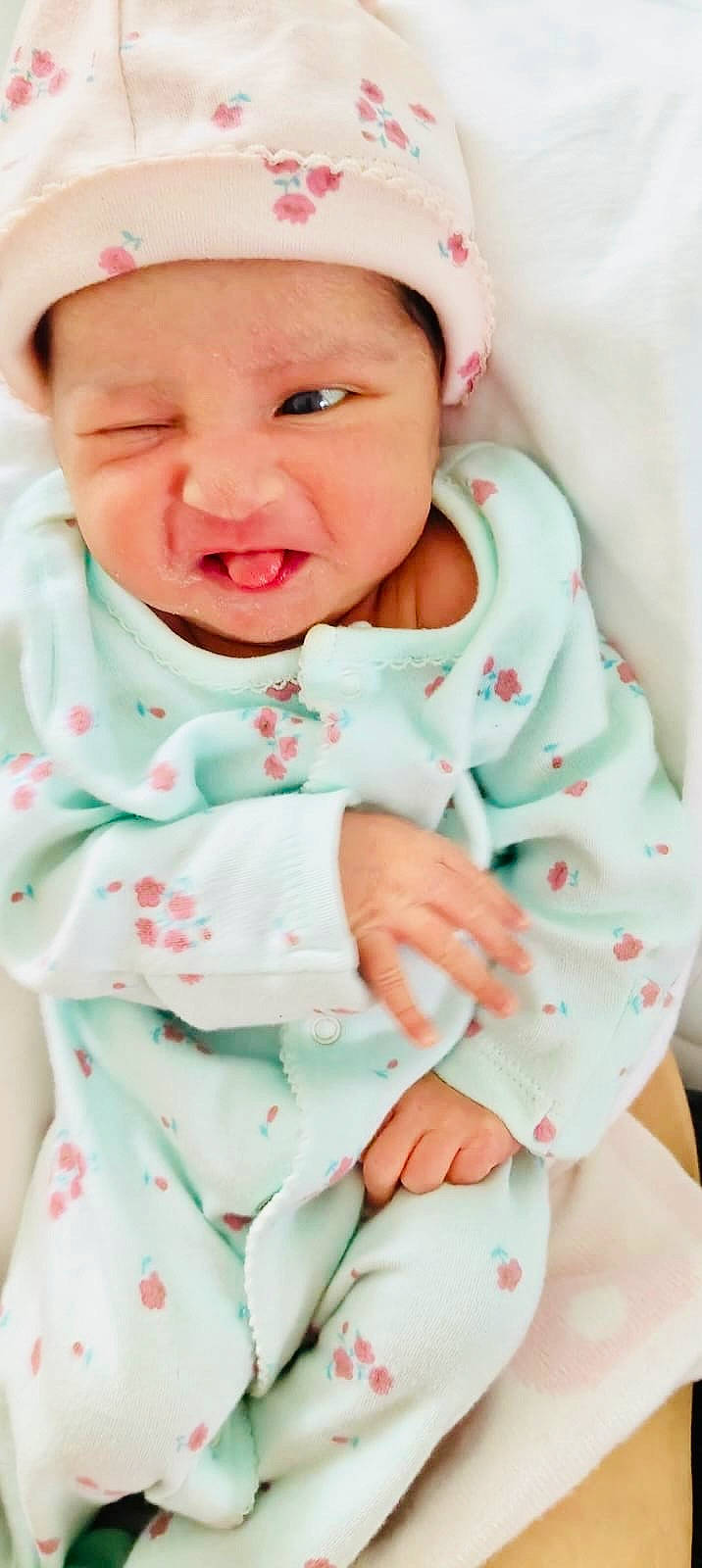 Dhyana joined the competition — help win amazing prizes! architecture, baby, blanket, bodypart, building, clothing, face, glove, happy, hat, head, hospital, mouth, newborn, pajamas, person, photography, portrait, sleeping, smile