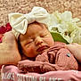 baby, sleeping, bow, headband, pink, blanket, flower, soft, cute, newborn, infant, peaceful, wrapped, closeup, person, skin, face, hand, cozy, portrait