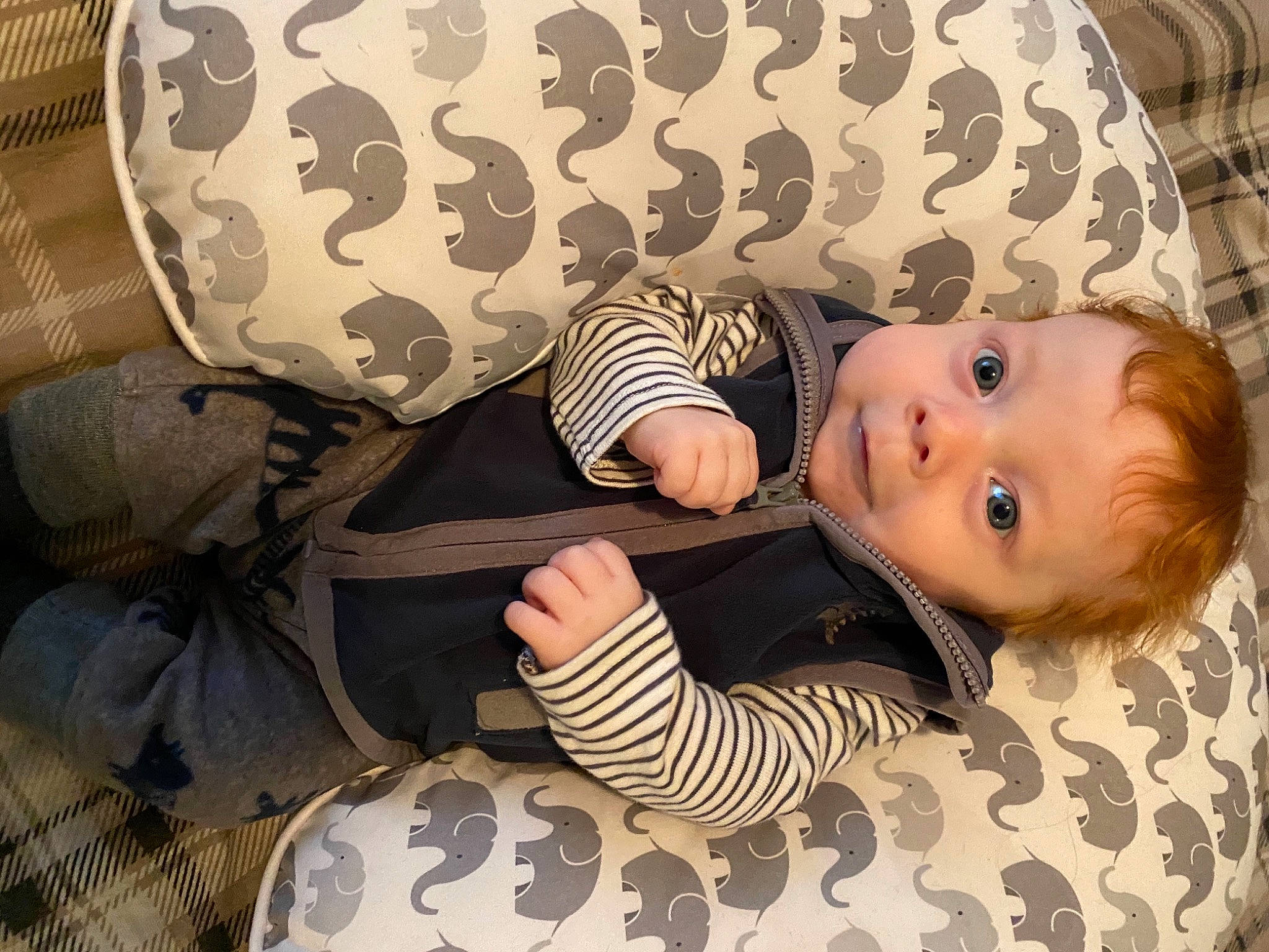 Lucas is registered to the contest to win money with this photo: baby, baby_toddler_clothing, child, comfort, face, human, linens, living_room, mammal, nose, person, plaid, sock, toddler