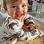 toddler, child, spaghetti, messy, high_chair, smiling, face, hands, food, meal_time, cute, animal_print, clothing, indoor, happy, mess, tray, eating, fun, baby