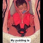 Adrianna is registered to the contest to win money with this photo: baby, sleeping, pacifier, car_seat, pink_clothing, blanket, child, cozy, infant, cute, hooded_outfit, toddler, face, child_seat, warm, bundle, comfort, adorable, resting, portrait