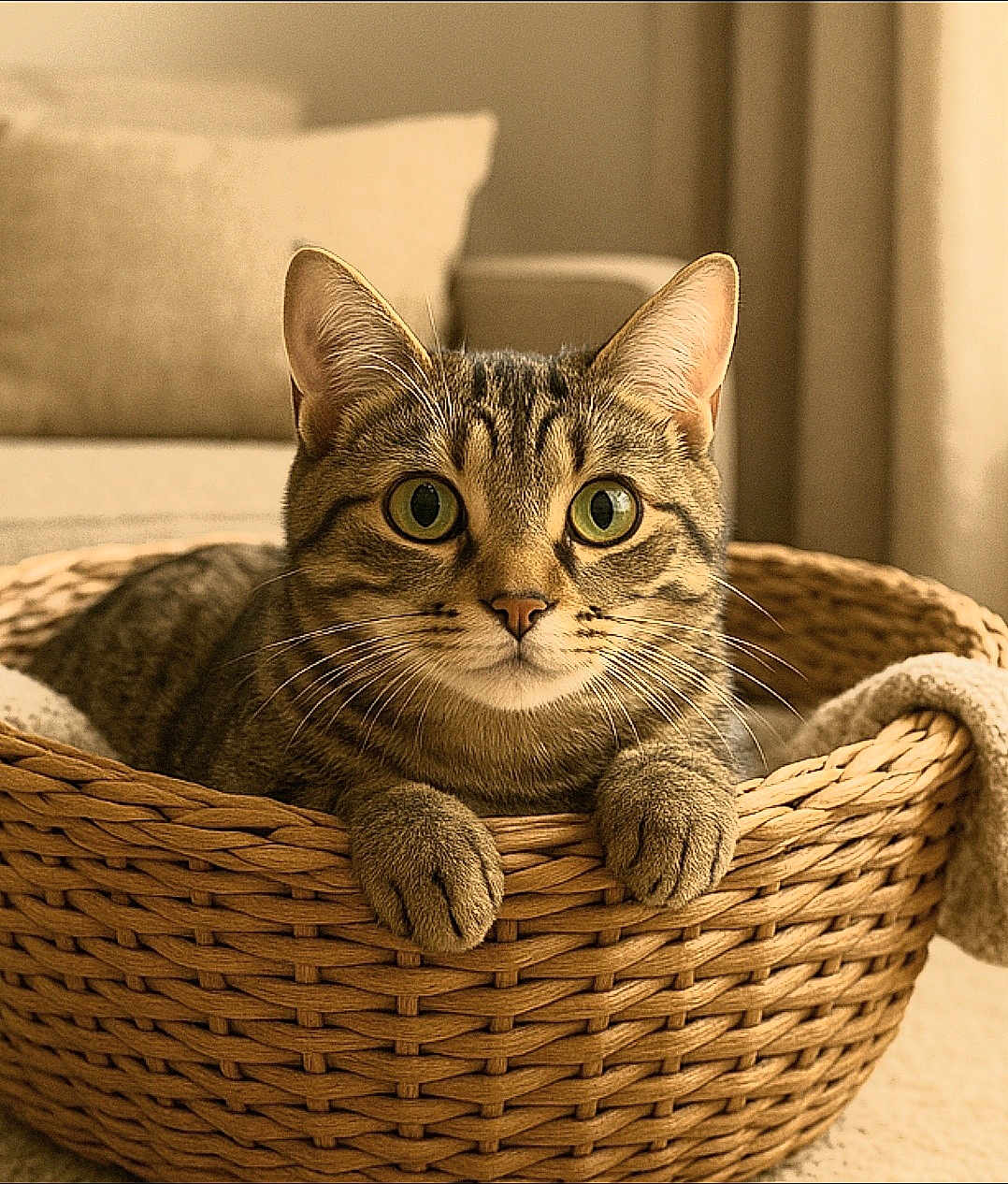 Némo a rejoint le concours — aidez-le/la à gagner de superbes lots ! cat, tabby_cat, basket, paws, green_eyes, indoor, cozy, curious, pet, feline, whiskers, fur, close_up, resting, soft_light, home, cushion, curtains, relaxed, animal