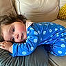 Charlie participe au concours pour gagner de l'argent avec cette photo : toddler, child, blue_onesie, polka_dots, couch, pillow, resting, curly_hair, indoors, relaxed, soft_fabric, face, expression, comfort, home, cozy, yellow_pillow, casual, portrait, person