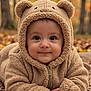 baby, child, hoodie, bear_ears, autumn, leaves, outdoor, forest, fall_colors, cute, smiling, portrait, warm_clothing, cozy, blanket, nature, face, young_child, closeup, eyes