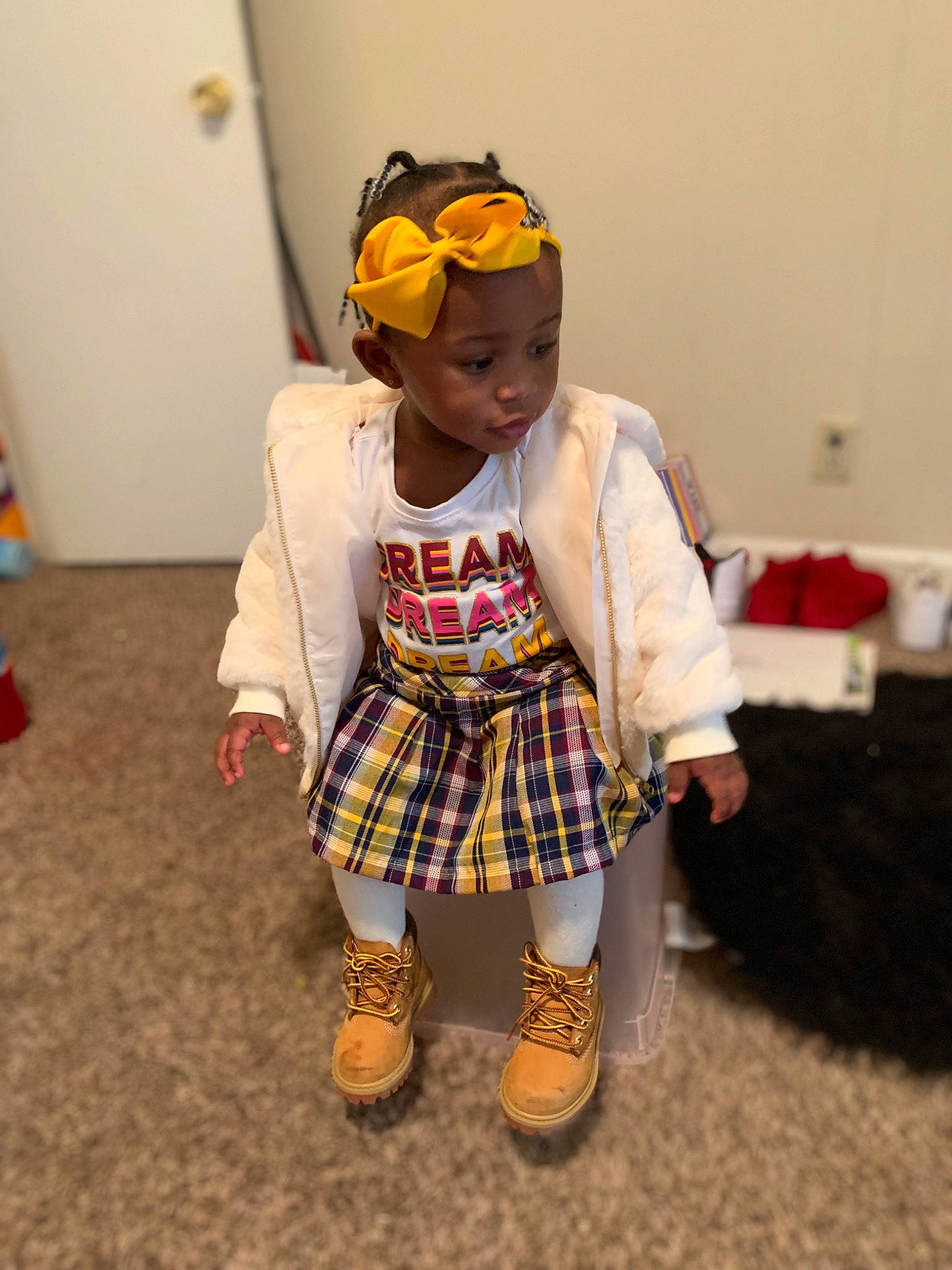 Jermahni is registered to the contest to win money with this photo: baby_toddler_clothing, child, costume, entertainment, event, fashion_design, flooring, fun, fur, hair, happy, headwear, human_body, pattern, person, plaid, sock, street_fashion, tartan, toddler