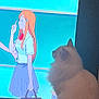 cat, anime, tv_screen, fluffy, white_cat, indoor, side_view, animation, watching, cute, pet, feline, screen, television, orange_hair, girl, school_uniform, bag, blue_background, long_hair