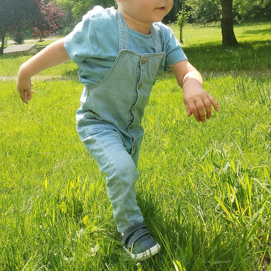 Télyo a rejoint le concours — aidez-le/la à gagner de superbes lots ! blue_shirt, casual_clothing, child, daytime, denim_overalls, exploring, footwear, grass, greenery, nature, outdoor, park, person, playing, summer, sunlight, toddler, tree, walking, young_child